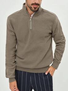 Manfinity Homme Men's Casual Solid Color Zipper Half-Placket Raglan Sleeve Sweater, Autumn/Winter Mock Neck Men - Camel - View 6