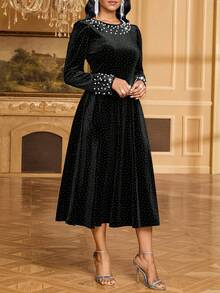 SHEIN Lady Váy dài tay đính ngọc trai trang trí cho nữ - màu đen - Xem 6