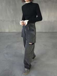 FRIFUL 女士撞色高领长袖蕾丝边袖口及下摆宽松休闲套头毛衣，秋冬款 - 黑色 - 查看 2