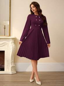 Revavyn Revavyn 复古别致通勤时尚法式休闲优雅金属扣无领拼接褶皱下摆女士连衣裙女士优雅连衣裙 - 紫色 - 查看 6