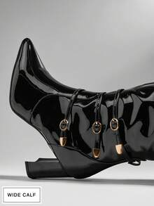 SHUZIA Women's Wide Triple Buckle Pointed Toe Block Heel Black Pat Knee High Boots – Sleek Style For Fall Looks & Confident Curves For Christmas - Black - View 7