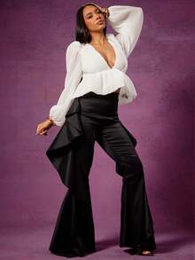 Vixey 纯色塔夫绸荷叶边喇叭裤 - 黑色 - 查看 3