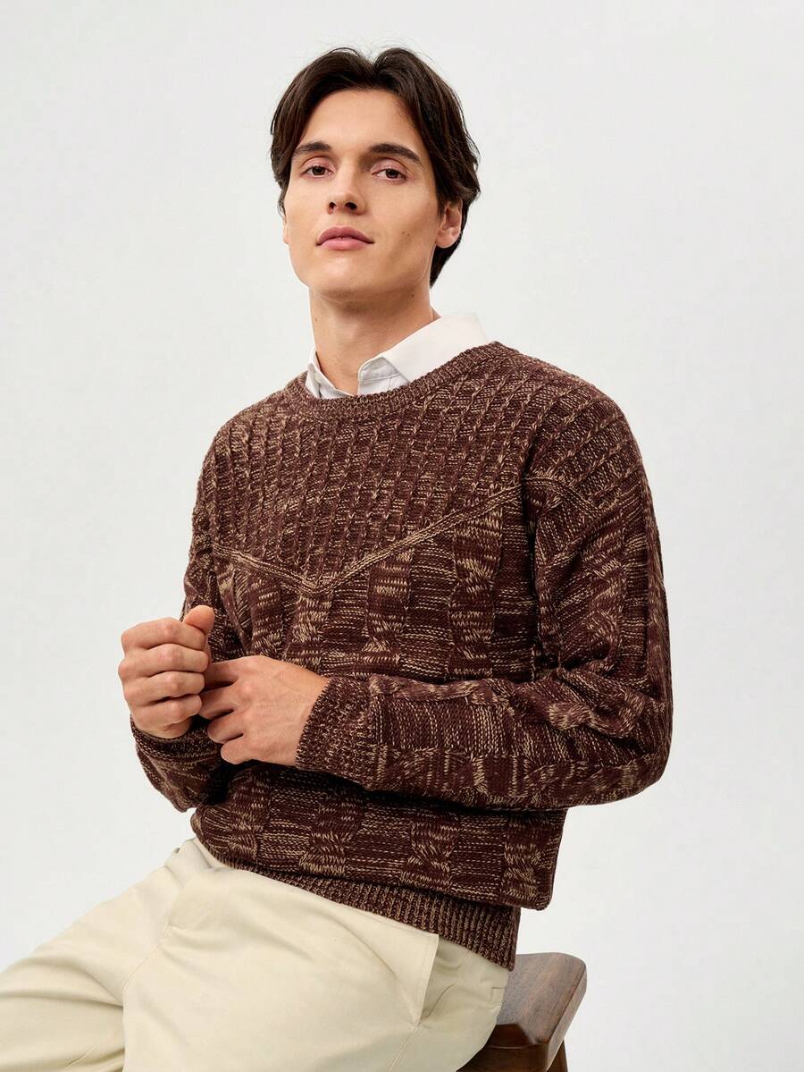 RONVEXI Men's Solid Color Minimalist Crew Neck Long Sleeve Sweater, Casual Everyday Wear - Coffee Brown - View 1