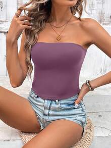 Sylviya Women Casual Solid Color Versatile Tube Top Bodycon Tee, Suitable For Summer Suitable For Going Out - Dusty Purple - View 8