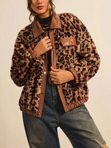 SHEIN VCAY 大码休闲豹纹仿毛皮外套，秋冬季豹纹外套，猎豹纹外套，保暖舒适蓬松休闲外套，适合外出穿着，秋季感恩节新年冬季皆宜