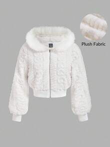 SHEIN MOD Chaqueta con capucha de manga larga con patrón de corazón y ribete esponjoso para mujer, para otoño e invierno, brunch, boda de otoño, homecoming, años 90, chaquetas casuales con contraste esponjoso con cremallera y manga regular para uso diario casual - Blanco - Ver 2