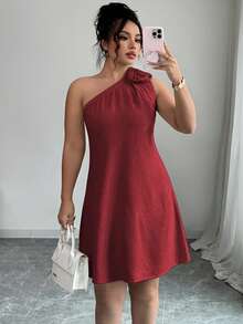 Elenzga Plus Size Women's Elegant Burgundy Summer Midi Dress,Linen Blend One Shoulder Asymmetric Sleeveless Loose Solid Dress For Party Wedding Vacation - Burgundy - View 1