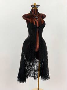 Amplova 黑色浪漫复古蕾丝薄纱女式衬衫 - 黑色 - 查看 5