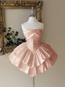 Lovelzi Váy xòe hai lớp bằng vải satin trắng bóng, sang trọng, thanh lịch, quý phái, không dây, thắt eo, thích hợp cho tiệc độc thân, đám cưới, tốt nghiệp, kỳ nghỉ, dạ tiệc - Rượu sâm banh - Xem 1