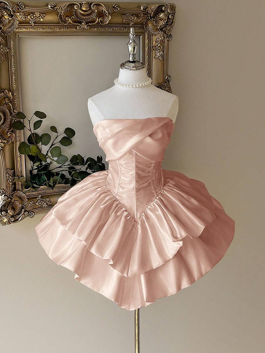 Lovelzi Váy xòe hai lớp bằng vải satin trắng bóng, sang trọng, thanh lịch, quý phái, không dây, thắt eo, thích hợp cho tiệc độc thân, đám cưới, tốt nghiệp, kỳ nghỉ, dạ tiệc - Rượu sâm banh - Xem 1