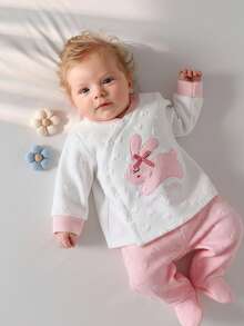 2pcs/Set Piyama Bayi Perempuan Baru Lahir Warna Pink Muda, Piyama Lengan Panjang Motif Hati & Kelinci Lucu Musim Gugur dengan Celana, Set Pakaian Seragam Keluarga - Baby Pink - View 8