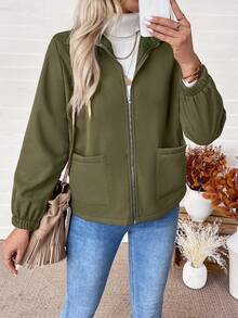 EMERY ROSE Chaqueta de forro polar con cremallera, de manga raglán y unicolor, para mantener el calor - Verde militar - Ver 7