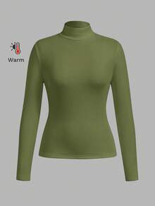 SHEIN BASICS 秋冬季基础款高领修身长袖纯色女式上衣，升级保暖内衬面料，时尚休闲舒适，百搭不臃肿 - 綠色 - 查看 8