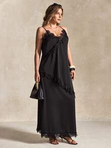 Elegantrix Women's Lace Asymmetric Elegant Slip Skirt Set, Suitable For Dates, Party Outfits, Elegant And Fashionable - Black - View 4