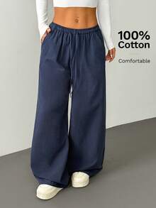 SHEIN PETITE Damen Marineblau Baumwolle und Leinen Hose,Herbst Lässig Loungewear Kordelzug Elastischer Bund Schräge Taschen Weites Bein Hose,Sommer Lockere Hose,Petite Damen - marineblau - Übersicht 5