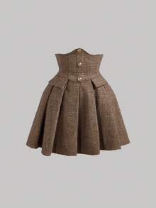 SHEIN MOD Bộ trang phục công sở thanh lịch dành cho nữ gồm 2 món: Áo cánh tay bồng ôm sát và váy xòe họa tiết răng sói, Xuân/Thu - Nhiều màu - Xem 5