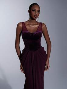 Elitara 优雅、浪漫、时尚的栗色弹力天鹅绒拼接鱼骨塑形吊带荷叶边鱼尾裙摆拖地礼服，适合各种场合，包括节日、度假、生日派对、婚礼、正式晚宴等。 - 紫紅色 - 查看 2