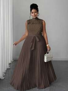 Maweii Plus Size Women Stand Collar Sleeveless Pleated Lace Ruched Waist Dress - Brown - View 7