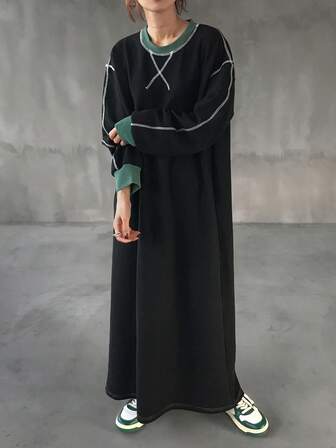 FRIFUL Sukienka damska w kontrastowym kolorze z okrągłym dekoltem i długimi rękawami, kołnierzykiem i mankietami w kontrastowym kolorze, prosty krój, luźny krój, swobodny i uniwersalny, długa, jesień/zima
