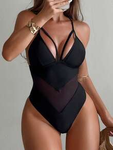 Swim SXY Traje de baño de una pieza con escote en V de unicolor y sexy, adecuado para la playa y el resort, primavera/verano - Negro - Ver 5
