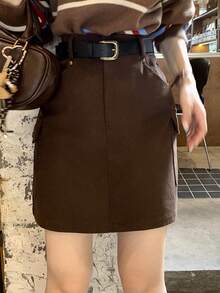 DAZY 女士纯色高腰工装口袋直筒休闲裙 - 棕色 - 查看 2