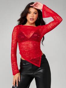MISSGUIDED Áo ren dài tay thanh lịch với chi tiết nhún bèo, viền bất đối xứng - Đỏ - Xem 5