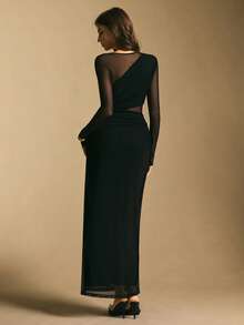 Poéselle Women's Black Mesh Patchwork Sheer Elegant Long Sleeve Dress,Women's Winter Dress ,Christmas Dress,New Year Dress,Elegant Dresses For Women,Casual Dresses For Women,Black Dress For Women,Suitable For Daily Wear, Party,Going Out, Commuting,Fall/Winter - Black - View 7