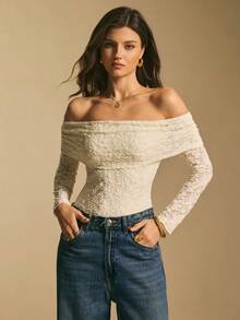 Poéselle Women's Floral Flocked Mesh Ruffle Off Shoulder Long Sleeve Bodysuit - White - View 4