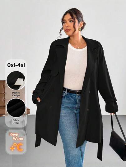 Firerie Manteau trench élégant et décontracté pour grande taille, kaki. Manteau trench grande taille pour femmes avec doublure thermique, veste à manches longues pour l'automne/l'hiver