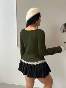 Vibekara 大码女式蝙蝠袖T恤上衣，撞色蕾丝和罗纹休闲时尚套头衫 - 綠色 - 查看 2