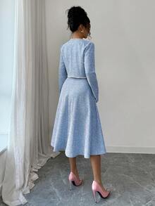 Elenzga Trang phục hẹn hò đầu thu dành cho nữ, Thích hợp cho ngày tựu trường, Trang phục giáo viên, Phong cách Trung Đông, Trang phục công sở thường ngày thanh lịch trưởng thành, Váy chữ A đính cườm phong cách Hàn Quốc lãng mạn ngọt ngào kiểu Pháp và áo khoác ngắn croptop 2 món, Váy dài vừa phải màu hồng - Xanh và trắng - Xem 2