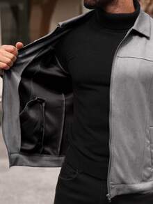 Manfinity CasualCool Men's Solid Color Minimalist Everyday Long Sleeve Suede Fleece Jacket Jackets For Men Long Sleeve Men Zip Up Shirt Grey Jacket Jackets Casual, For Winter - Grey - View 5