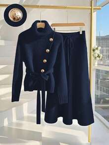 Franclia Elegant Metal Buckle Design Tie-Front Long Sleeve Turtleneck Sweater & A-Line Long Skirt 2-Piece Set, European Style - Royal Blue - View 7