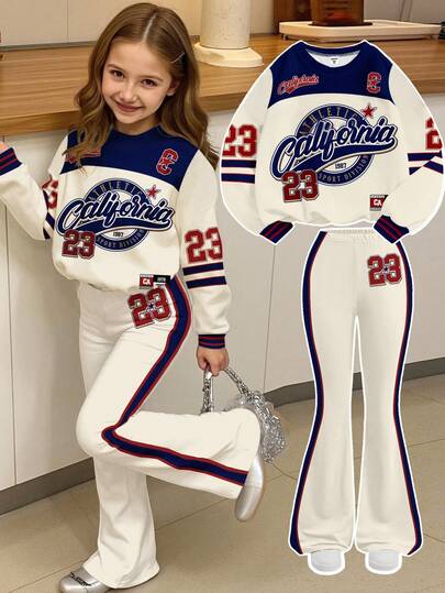 SHEIN 2pcs/Set Young Girl Casual Loose Fit Round Neck Long Sleeve Sweatshirt Tracksuit, Retro American College Style, Sporty Number 23 Print, Suitable For Autumn/Winter, Hippie Vibe, Music Festival, BM, Vintage Sweet, Campus Style, Citywalk, Streetwear