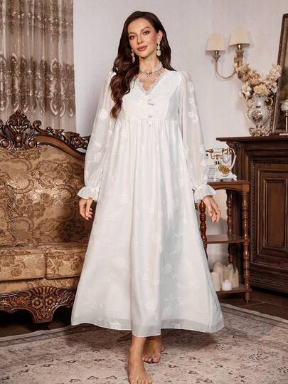 PalaceNights Geborduurde Neck Bowknot Loose Fit Mid Length Long Sleeve Women Nightgown, Fall view 3