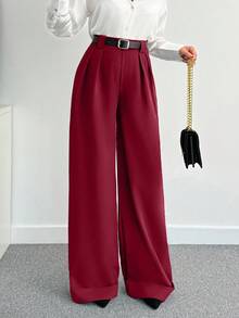 SHEIN Tall 女款純色高腰寬腿長褲，適合高個女性 - 酒紅色 - 查看 3