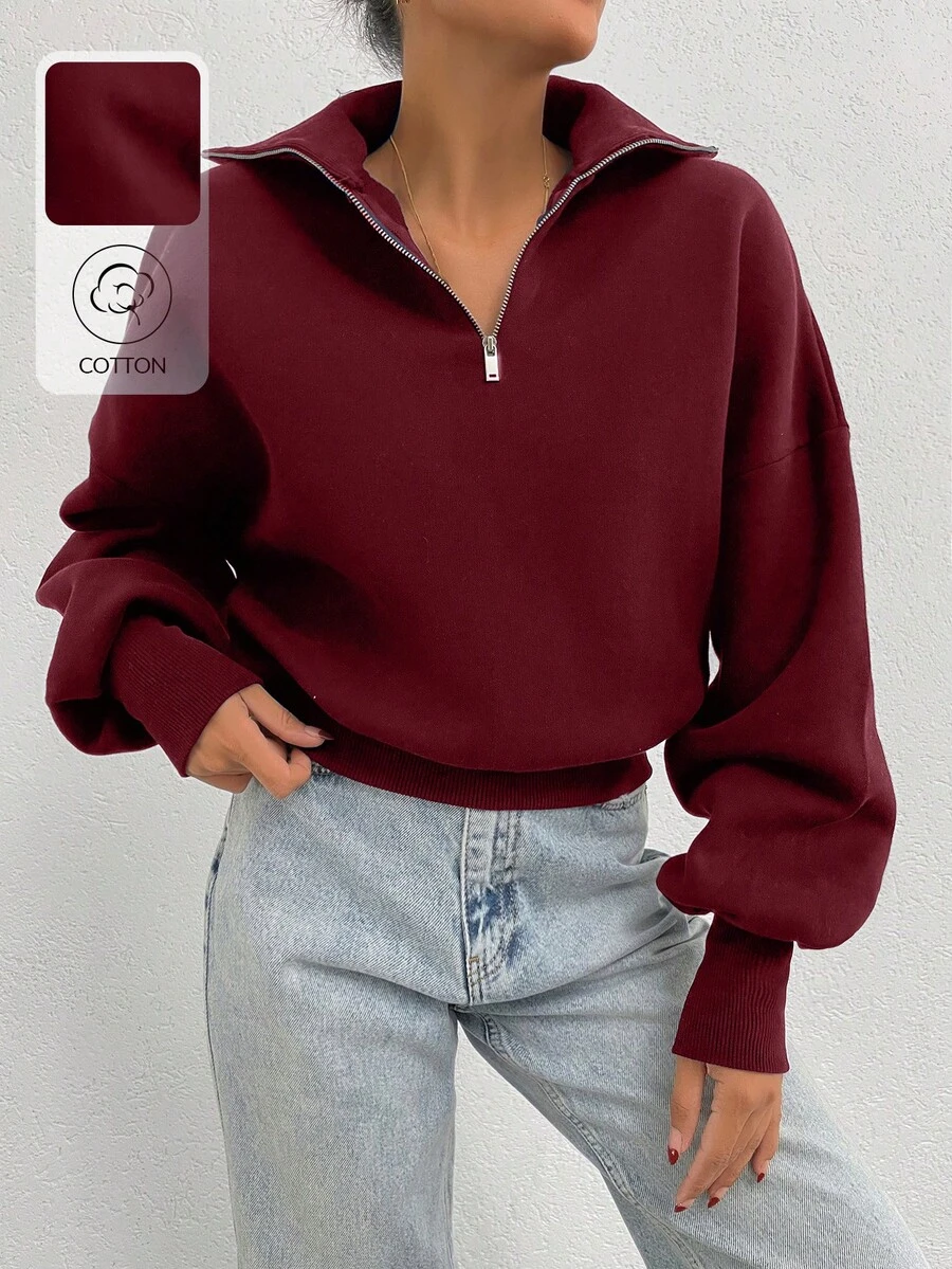 EURMUSE Sudadera oversize de 100% algodón con cuello con cremallera y estampado - Burdeos - Ver 1