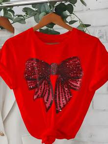 EMERY ROSE Plus Size Bow Print Round Neck Casual Versatile Short Sleeve T-Shirt - Red - View 1