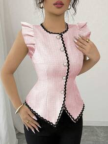 Elenzga Camisa elegante de mujer con contraste de color, volantes, parches y cintura ceñida, con mangas cortas, para otoño - Rosa - Ver 5