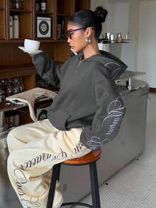 Muchica Áo nỉ dệt kim màu xám tro với thêu chữ, áo nỉ dài tay kiểu dáng thường ngày, áo nỉ in hình dành cho nữ, áo nỉ nữ phong cách Y2K, áo nỉ tùy chỉnh màu xám. - Màu xám đen - Xem 6