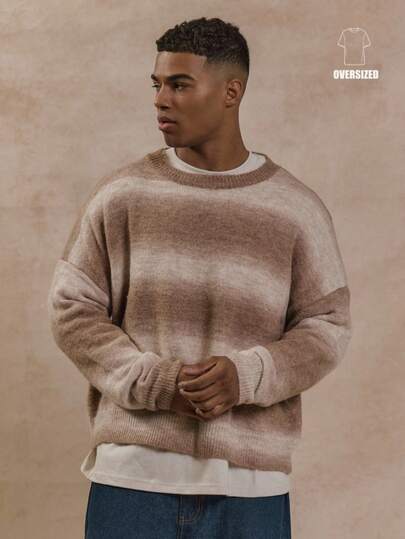 Musero Jersey de cuello redondo de punto con estilo de mohair, de manga larga, ancho y corto, con rayas degradadas, esencial para primavera y verano