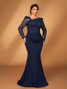 Serin Abito da sera elegante e romantico per taglie forti, con scollo asimmetrico, decorazione a nodo, maniche lunghe trasparenti, paillettes di lusso, patchwork, vita elastica arricciata, orlo a sirena, adatto per occasioni formali per mamme - Blu - Visualizzare 8