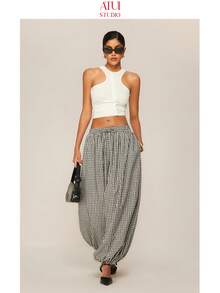 ATUI Studio Women's Elastic Waist Loose Plaid Casual Pants Baggy, Balloon Pants With Black Plaid, Casual Commuting Pants