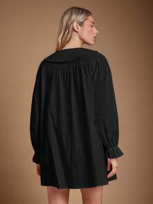 WESTFADE Đầm chữ A mini tay dài, cổ bèo nhún 100% cotton, cài nút, dễ thương, thường ngày, trang phục mùa thu, trang phục hòa nhạc đồng quê, mùa thu, mùa đông, phong cách Boho, trang phục phương Tây - màu đen - Xem 2