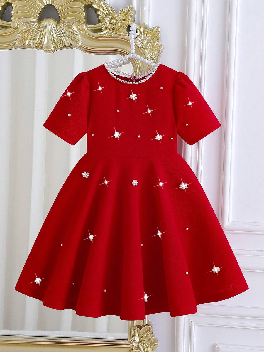 Glamorique Kids Vestido de línea A de manga corta con burbujas rojas para niñas, con decoración de flor de perla, cuello redondo de perla y botón de gota, estilo retro palaciego, elegante, adecuado para fiestas de Navidad, primavera/otoño - Rojo - Ver 1