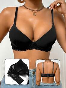 SHEIN Elacene Women's Lace Casual Soft & Comfortable Wire-Supported Lift & Instantlift Bra - Black - View 4