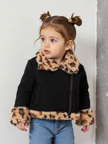 SHEIN 3Months-3Years Baby Girl Coat ,1pc Casual And Street Daily Style Coat Fall Outfits For Girl,Long Sleeves Warmer Cheetah Print Fabric Fleece Jacket - Black - View 6