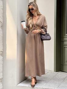 Serisse 女士优雅通勤蕾丝拼接系腰连衣裙 - 咖啡 - 查看 4