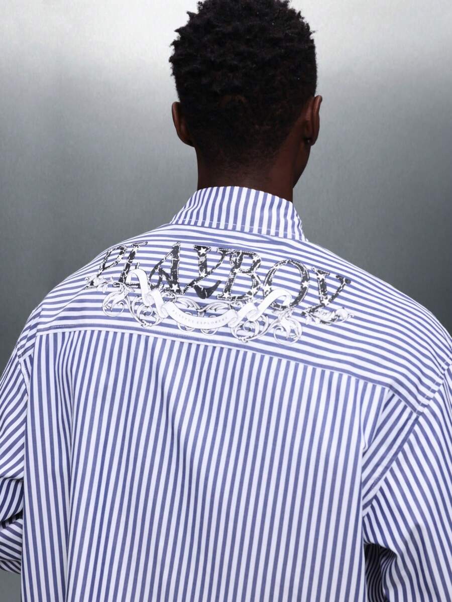 PLAYBOY X SUMWON 男士经典修身长袖衬衫，白蓝条纹，商务休闲办公着装 - 藍白色 - 查看 1