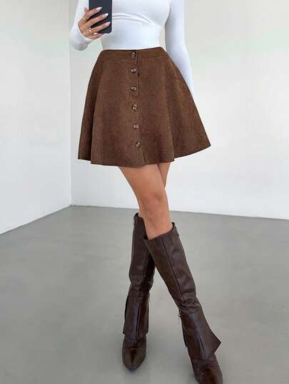 Siren Gaze New Autumn/Winter   Women's  Casual Elegant Brown  Solid Color Corduroy Fabric Front Button Casual A-Line Skirt A-Line Mini Skirt For Women,Classic Color Scheme,Autumn/Winter Brown Casual,Brown Skirts,Elegant Skirt Fall/Winter Fall Clothes For Women Fall Outfits For Women Autumn Clothes For Women,   Elegant Party Clothes   New Year Women's Clothes  Autumn Winter Women Spring